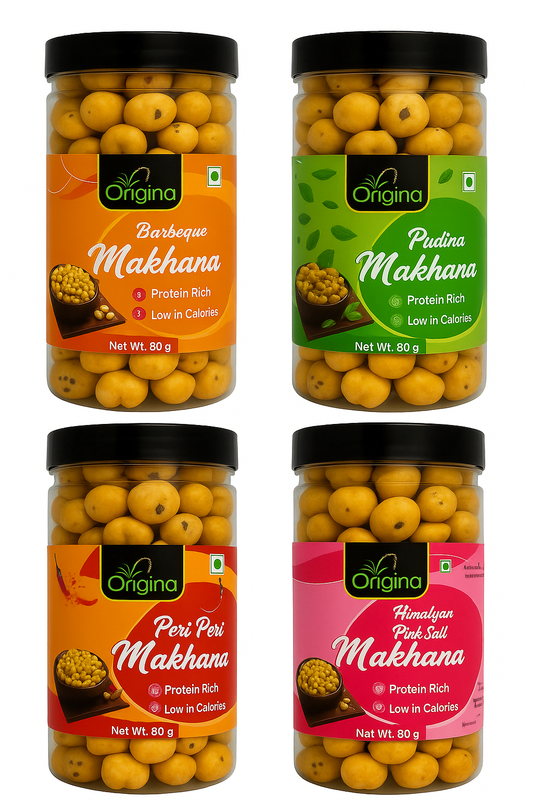 Origina - 4 Pack Combo ( Pudina , Barbeque ,Himalayan Pink Salt & Peri - Peri ) Roasted Makhana 320 Gram